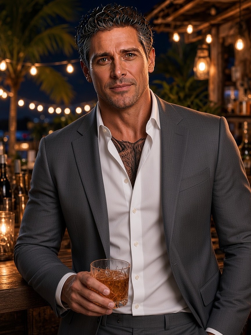 Man in grey suit at a night bar, wolf tattoo