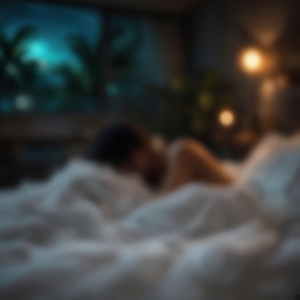 Blurred intimate bed scene with palm-tree window