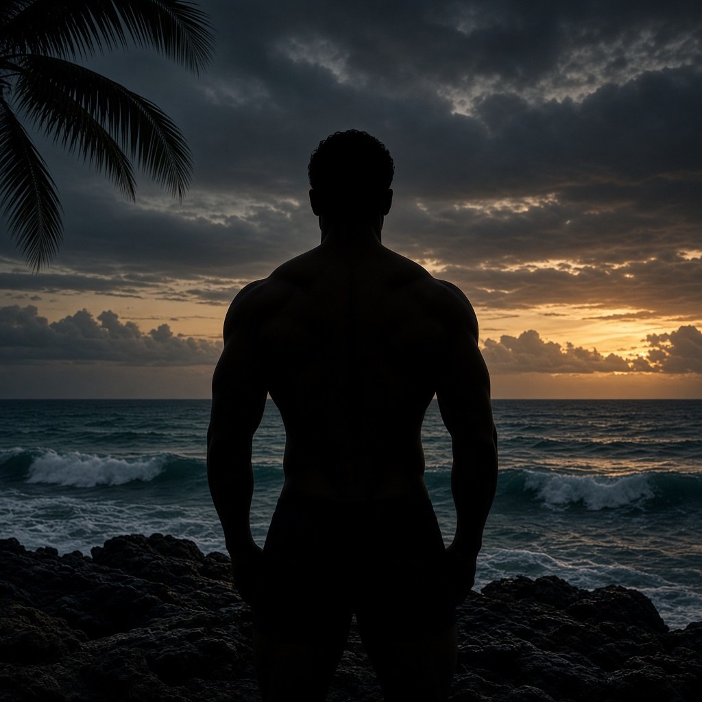 Muscular silhouette facing the ocean at dusk