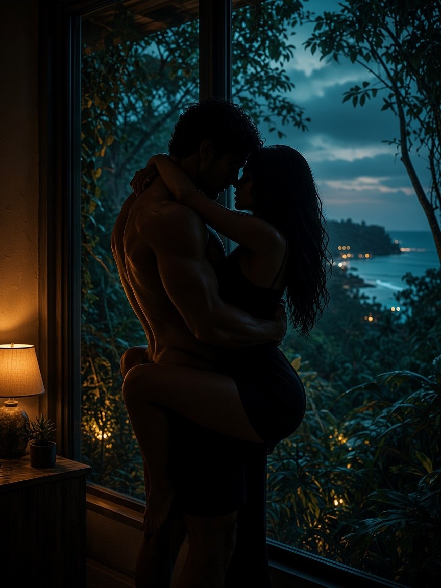 Couple embrace at a jungle window at twilight